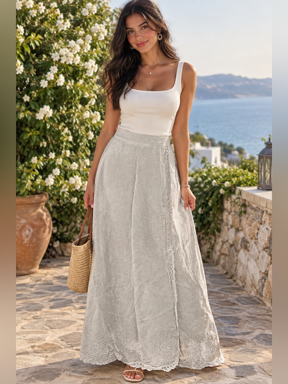 Cynthia Rowley Wrap Cream Embroidered Maxi Skirt 100% linen